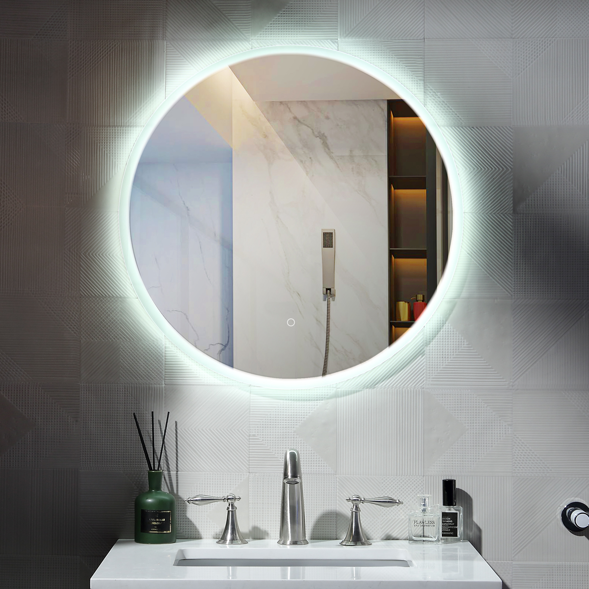Badkamerspiegel rond 60 LED-verlichting en spiegelverwarming Perla