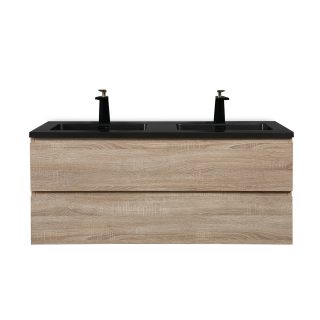 Badmeubel licht eiken 120 cm met dubbele mat zwarte wastafel mineraalmarmer 2 kraangaten Vakna Veggur