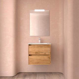 Badkamermeubel 60 cm 2 laden met wastafel en badkamerspiegel met LED verlichting Afrika Eiken Noja