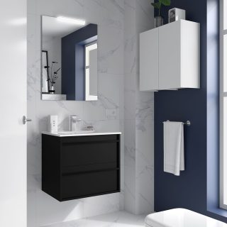 Badkamermeubel 60 cm 2 laden met zwarte greeplijst, wastafel en badkamerspiegel met LED verlichting Mat Zwart Attila