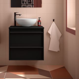 Badkamermeubel 60 cm met topblad voor waskom en 2 laden met zwarte greeplijst Mat Zwart Attila