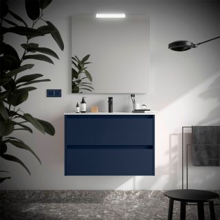Badkamermeubel 80 cm 2 laden met wastafel en badkamerspiegel met LED verlichting Mat Blauw Noja