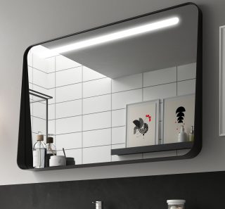 Badkamerspiegel met plankje zwart met LED verlichting Apolo leverbaar in 80 cm, 100 cm