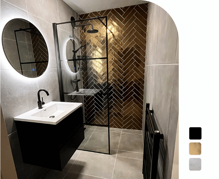 Uitleg Mount Bank Nieuw maanjaar Complete badkamer met gouden wandtegels Vika | Koop bij RB Sanitair