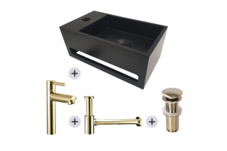 Fonteinset 35,5 Solid Surface Links Mat Zwart inclusief Goud geborsteld kraan, Tappi waste & sifon