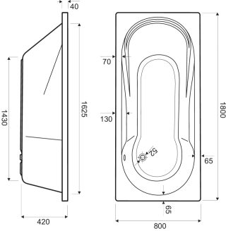 GalCera inbouw bad douchecomb. 180x80 cm wit - 1563751 - Montagetekening