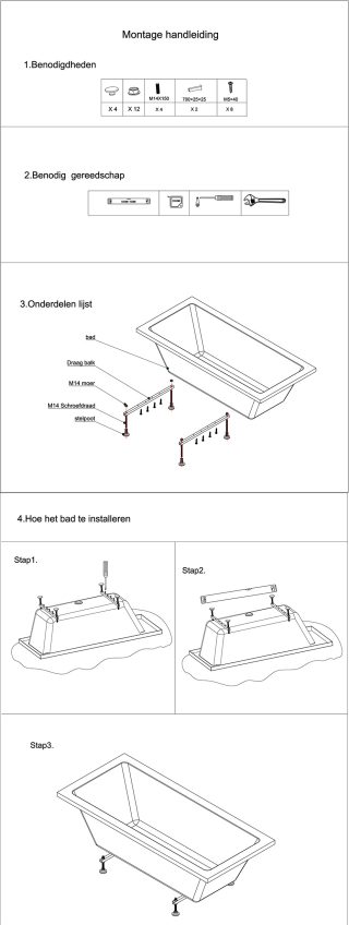 GalCera inbouw bad rechthoek 179x80 cm wit - Montagehandleiding