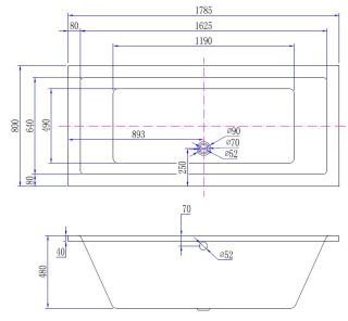 GalCera inbouw bad rechthoek 179x80 cm wit - montagetekening