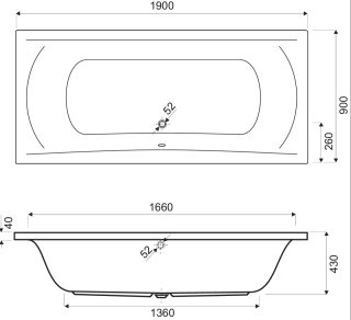 GalCera inbouw bad rechthoek 190x90 cm duo wit - 1563466 - Motagetekening