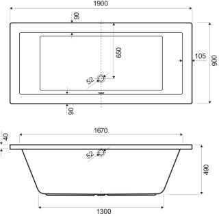 GalCera inbouw bad rechthoek 190x90cm duo wit - 1565625 - montagetekening