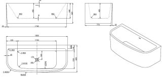 GalCera ligbad back-to-wall 180x80 cm wit Montagetekening