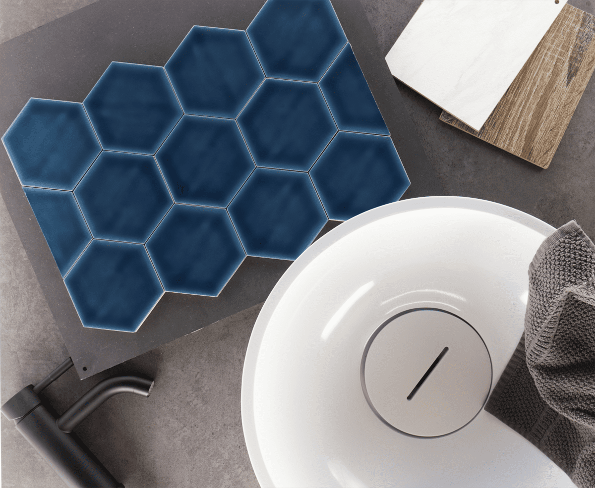 Hoogglans wandtegel Hexagon Princeton topaz blauw RBT56; Waskom Solid Surface Glans wit; Wastafelkraan Boginn zwart-rbsanitair blog