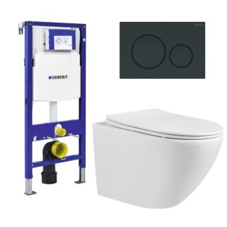 Toiletset inbouw randloos 49 cm Skvetta met Sigma 20 Bedieningspaneel Mat Zwart/Zwart & Geberit Inbouwreservoir UP320