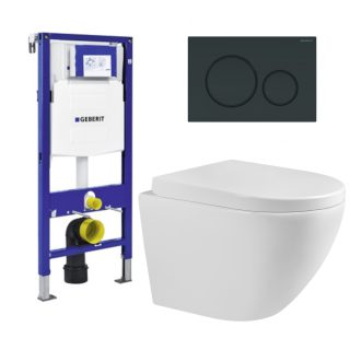 Toiletset inbouw randloos 49 cm Sitja met Sigma 20 Bedieningspaneel Mat Zwart/Zwart & Geberit Inbouwreservoir UP320