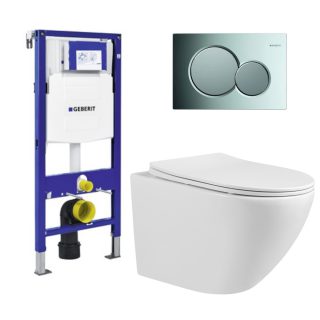 ToiletSET inbouw randloos met Sigma 01 bedieningspaneel glans chroom 49 cm Skvetta & Geberit inbouwreservoir UP320