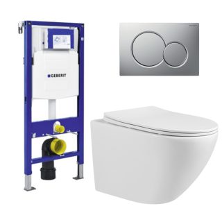 ToiletSET inbouw randloos met Sigma 01 bedieningspaneel chroom mat 49 cm Skvetta & Geberit inbouwreservoir UP320