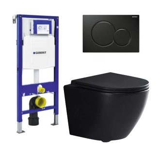 ToiletSET MioCera Compact rimless 49 cm Mat zwart met Sigma 01 bedieningspaneel Glans Zwart & Geberit inbouwreservoir UP320