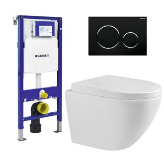 ToiletSET inbouw randloos met Sigma 20 bedieningspaneel zwart glans 49 cm Sitja & Geberit inbouwreservoir UP320