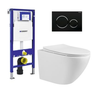 ToiletSET inbouw randloos met Sigma 20 bedieningspaneel zwart glans 49 cm Skvetta & Geberit inbouwreservoir UP320